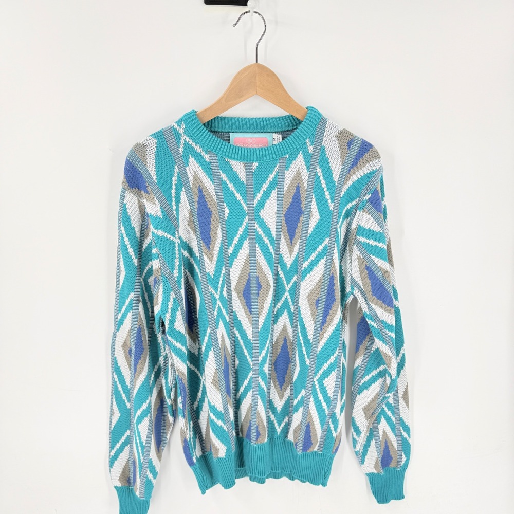 Gio Brassero Crewneck Sweater Teal Size M Vintage Geometric Argyle Pattern